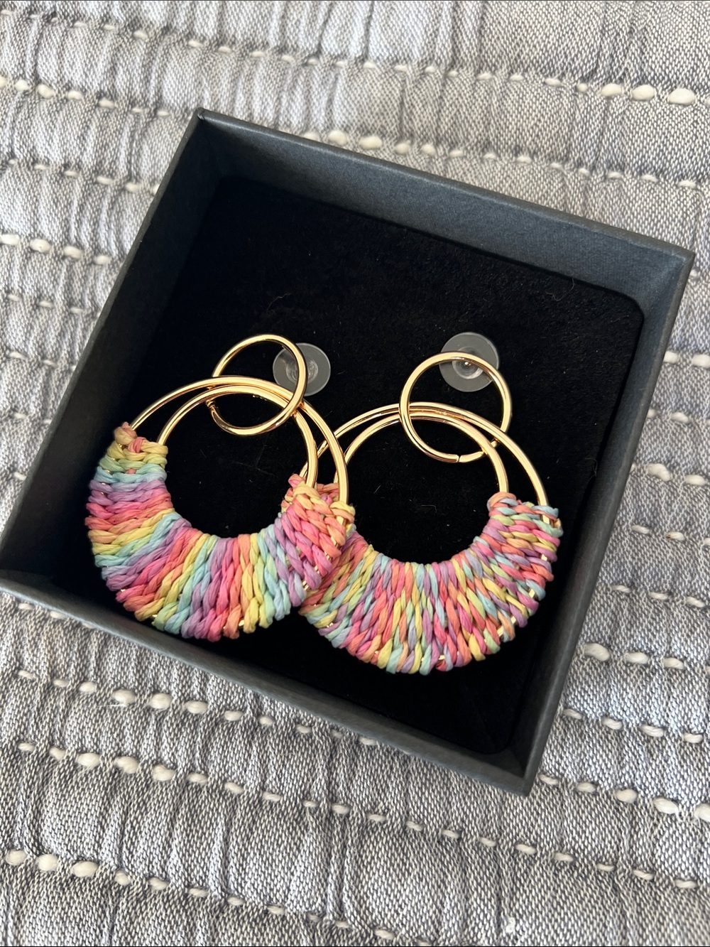 Gold Hoop Earrings with Multicolor Raffia Wrap